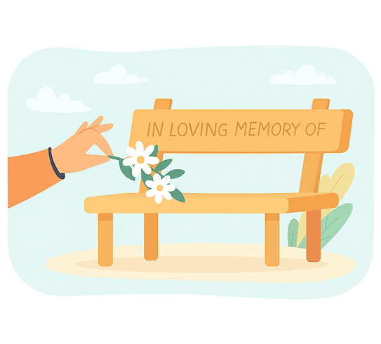 A memorial bench with flowers honoring a loved one