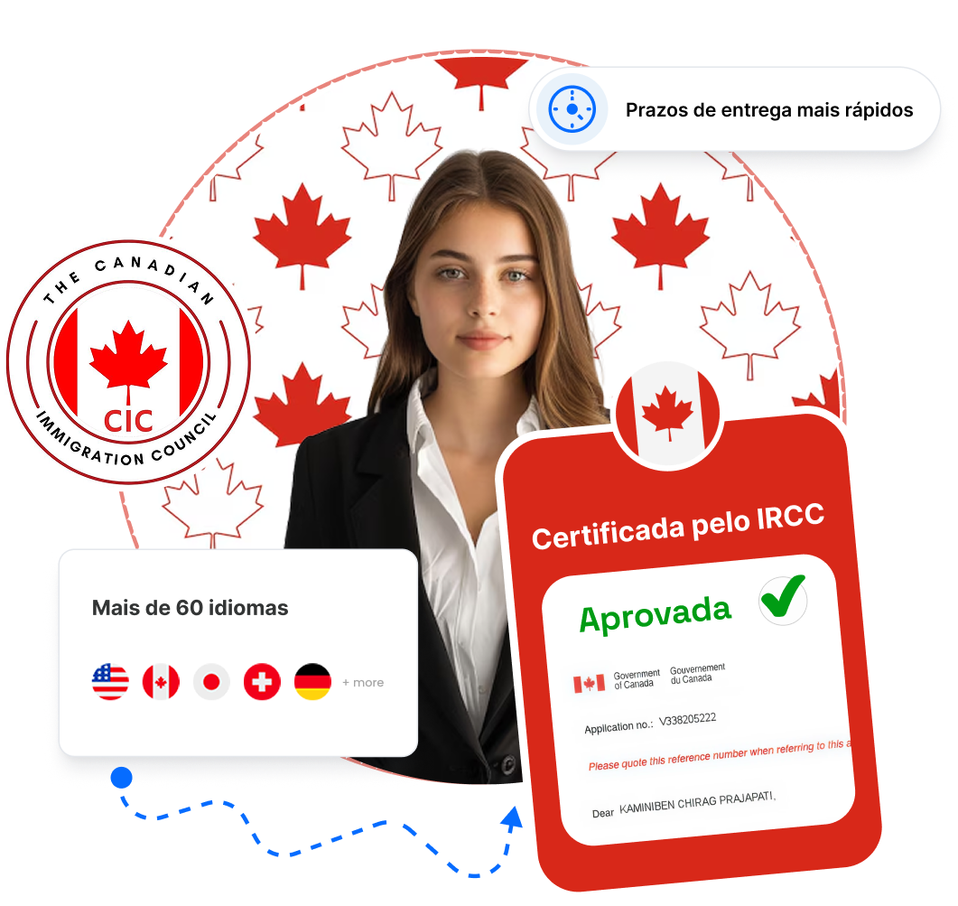 Uma mulher segurando um documento aprovado pelo IRCC para imigração no Canadá, acompanhado de traduções juramentadas
