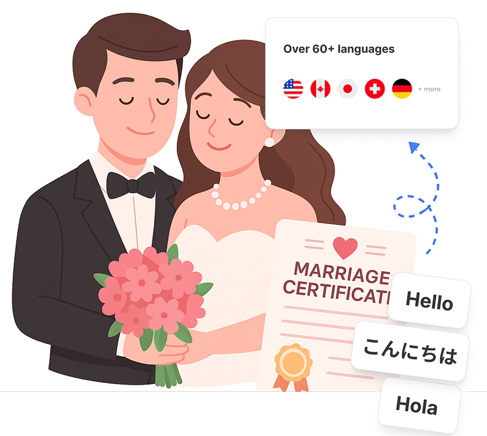 Newly married couple with an official marriage certificate document